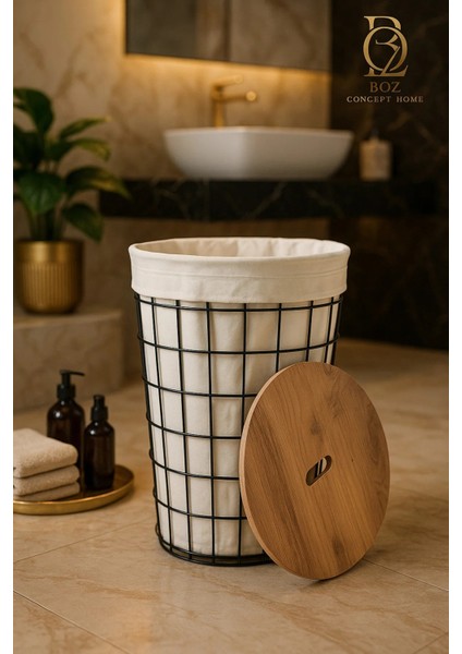 Banyo Düzenleyici Tel Kirli Sepet Ahşap Kapaklı Metal Gövde Kumaşlı Çamaşır Sepeti Banyo Aksesuar modelleri