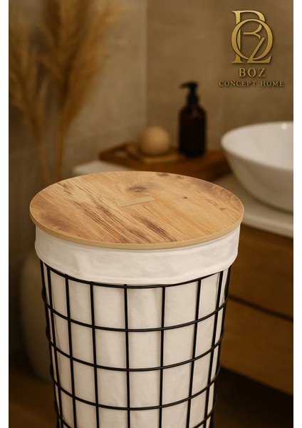 Banyo Düzenleyici Tel Kirli Sepet Ahşap Kapaklı Metal Gövde Kumaşlı Çamaşır Sepeti Banyo Aksesuar fırsatları