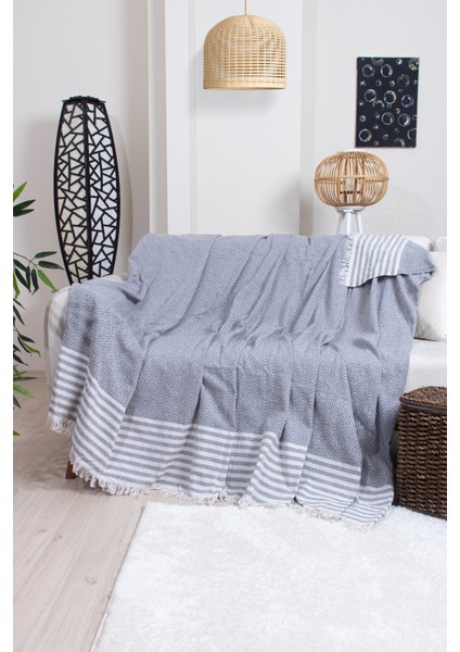 Pamuklu Püsküllü Elmas Desenli Koltuk Örtüsü 170X210 cm | Dekoratif Kanepe, Yatak ve Tv Örtüsü