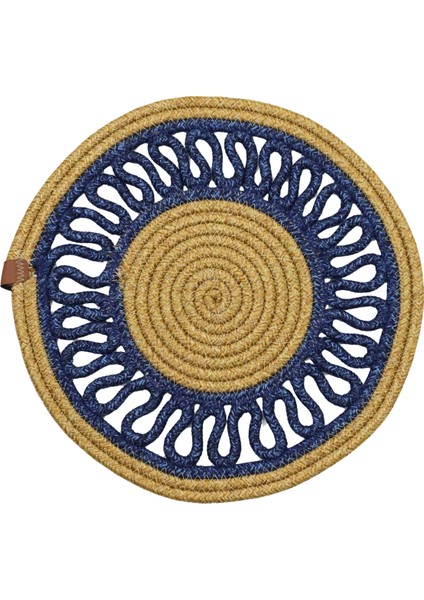 Jutty Hasır Görünümlü Jüt Dokuma Yuvarlak Natural Lacivert Dekoratif Amerikan Servis 32X32 Supla
