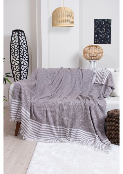 Pamuklu Püsküllü Elmas Desenli Koltuk Örtüsü 170X210 cm | Dekoratif Kanepe, Yatak ve Tv Örtüsü