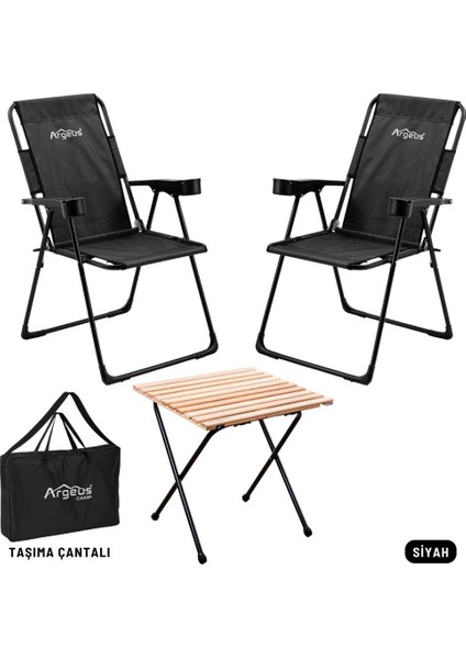 2 Adet Katlanır Kamp Sandalyesi ve Masa Seti - Rest - Taşıma Çantalı - Siyah - 130 kg Taşıma