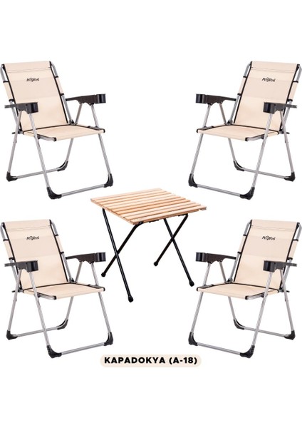 4 Adet Katlanır Kamp Sandalyesi ve Masa Seti - Rock - Kapadokya - Bardaklıklı - 140 kg