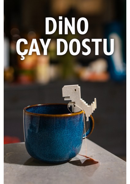 2’li Dino Çay Dostu Seti Poşet Çay Tutucu | Piksel Dinozor Çay Aksesuarı | Dekoratif Hediye