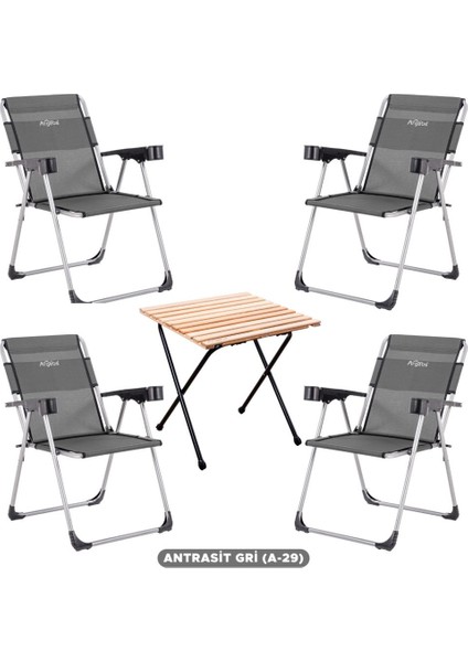 4 Adet Katlanır Kamp Sandalyesi ve Masa Seti - Rock - Antrasit - Bardaklıklı - 140 kg