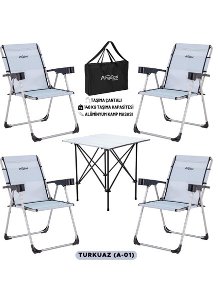 4 Adet Katlanır Kamp Sandalyesi ve Alüminyum Masa Seti - Rock Silver - Turkuaz - Taşıma Çantalı