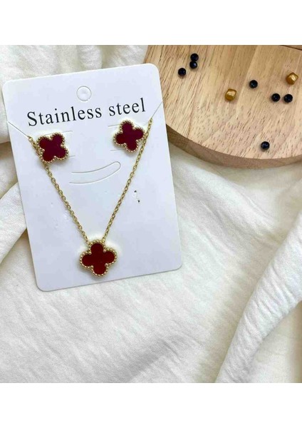 Gunestaki 316L Çelik Gold Bordo Küpe Kolye Seti