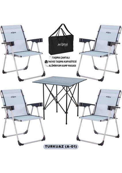 4 Adet Katlanır Kamp Sandalyesi ve Alüminyum Masa Seti - Rock Dark - Turkuaz - Taşıma Çantalı