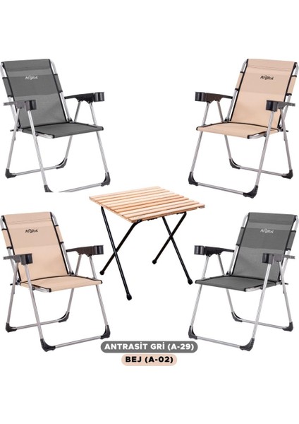 4 Adet Katlanır Kamp Sandalyesi ve Masa Seti - Rock - Bej/antrasit - Bardaklıklı - 140 kg