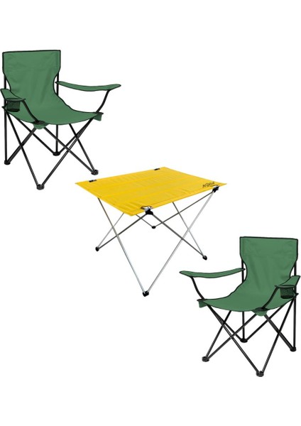 2 Adet Katlanır Kamp Sandalyesi ve Masa Seti - (DY.001) - Haki/sarı - Plaj Sandalyesi