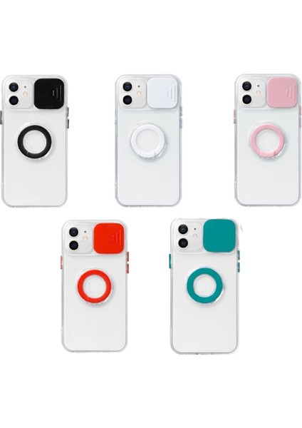 Ally iPhone 12 6.1inç Kılıf Sürgülü Kamera Lens Korumalı Yüzük Standlı Silikon KILIF-(1903)