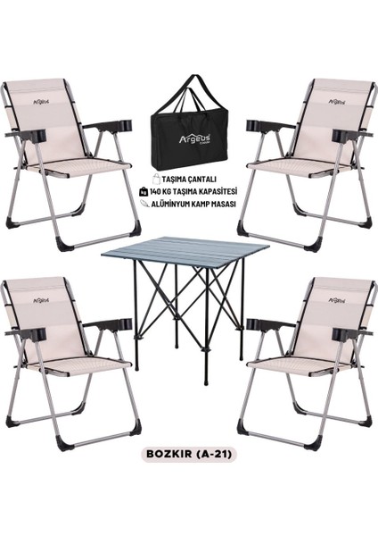 4 Adet Katlanır Kamp Sandalyesi ve Alüminyum Masa Seti - Rock Dark - Bozkır - Taşıma Çantalı