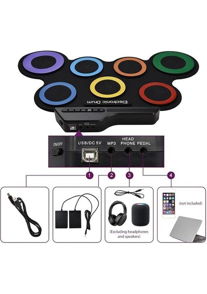 G3002R 7 Ped Gökkuşağı Renkli Elektronik Roll Up Davul Kiti fiyatları