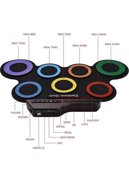 G3002R 7 Ped Gökkuşağı Renkli Elektronik Roll Up Davul Kiti fırsatları