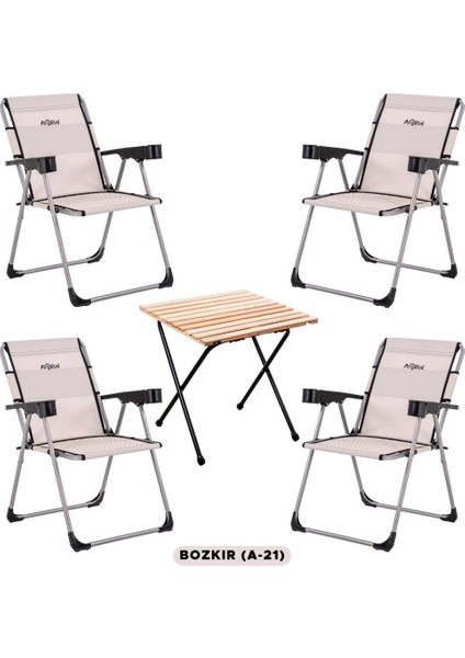 4 Adet Katlanır Kamp Sandalyesi ve Masa Seti - Rock - Bozkır - Bardaklıklı - 140 kg