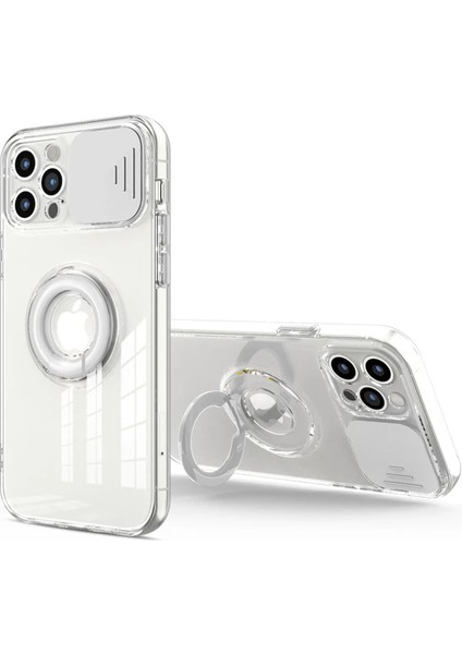 Ally iPhone 13 Pro Max 6.7inç Kılıf Sürgülü Kamera Lens Korumalı Yüzük Standlı Silikon KILIF-(1903)