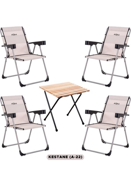 4 Adet Katlanır Kamp Sandalyesi ve Masa Seti - Rock - Kestane - Bardaklıklı - 140 kg