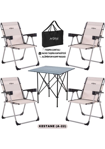 4 Adet Katlanır Kamp Sandalyesi ve Alüminyum Masa Seti - Rock Dark - Kestane - Taşıma Çantalı