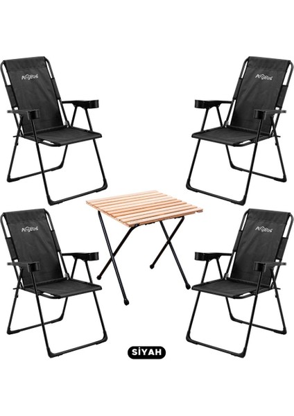 4 Adet Katlanır Kamp Sandalyesi ve Masa Seti - Rest - Siyah - 130 kg Taşıma