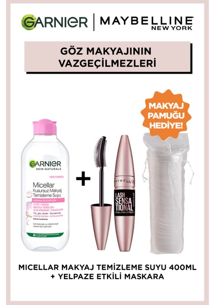 Maybelline York Lash Sensational Sensational Intense Black Maskara & Garnier Micellar Kusursuz Makyaj Temizleme Suyu 400ML & Makyaj Pamuğu Hediyeli