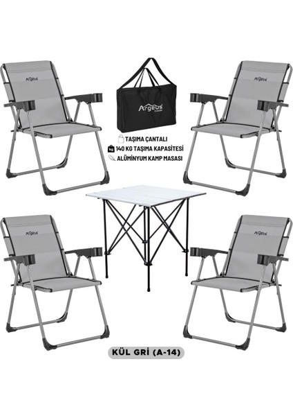 4 Adet Katlanır Kamp Sandalyesi ve Alüminyum Masa Seti - Rock Silver - Kül Gri - Taşıma Çantalı