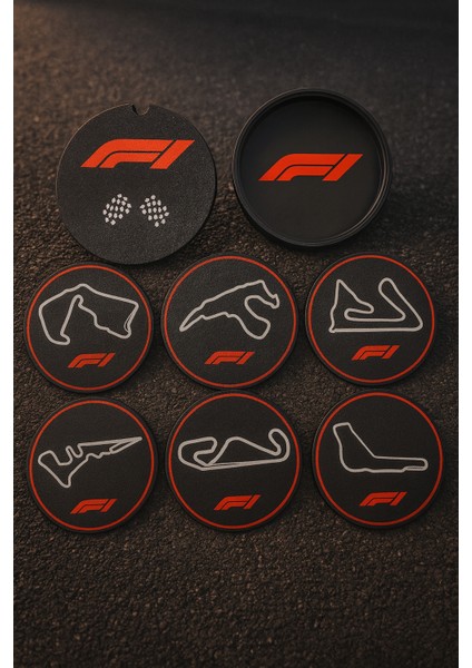 F1 Temalı 6’lı Bardak Altlığı Seti ve Saklama Kutusu | Dekoratif Yarış Konseptli Altlık 9x9 cm