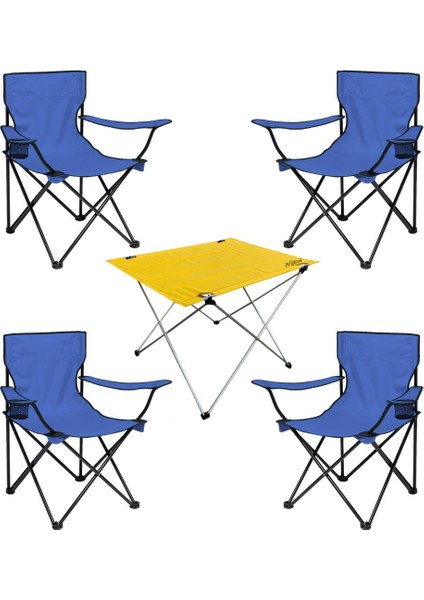 4 Adet Katlanır Kamp Sandalyesi ve Masa Seti - (DY.001) - Lacivert/sarı - Plaj Sandalyesi