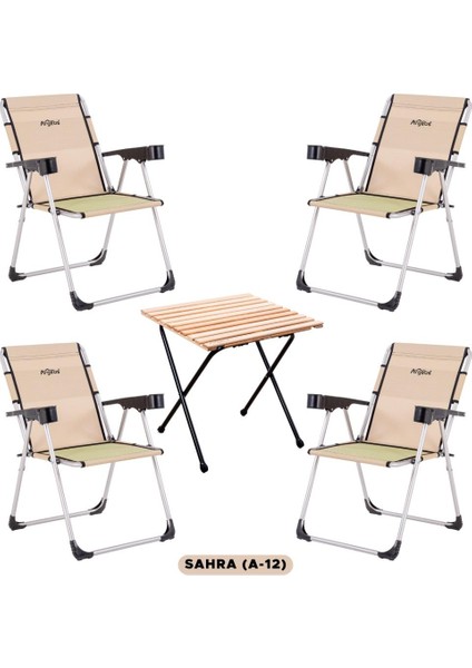 4 Adet Katlanır Kamp Sandalyesi ve Masa Seti - Rock - Sahra - Bardaklıklı - 140 kg