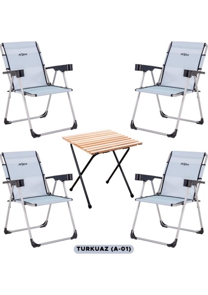 4 Adet Katlanır Kamp Sandalyesi ve Masa Seti - Rock - Turkuaz - Bardaklıklı - 140 kg