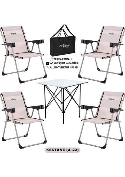 4 Adet Katlanır Kamp Sandalyesi ve Alüminyum Masa Seti - Rock Silver - Kestane - Taşıma Çantalı
