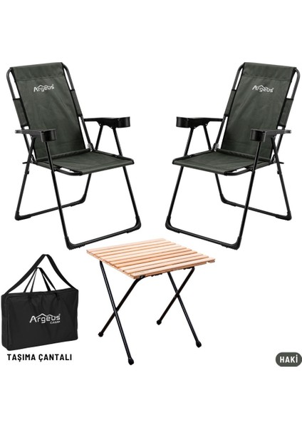 2 Adet Katlanır Kamp Sandalyesi ve Masa Seti - Rest - Taşıma Çantalı - Haki - 130 kg Taşıma