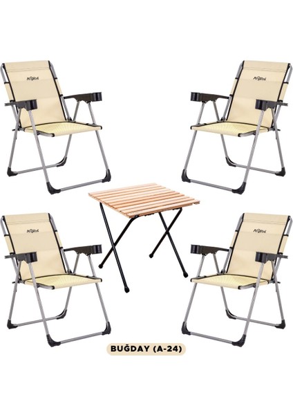 4 Adet Katlanır Kamp Sandalyesi ve Masa Seti - Rock - Buğday - Bardaklıklı - 140 kg