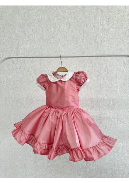 Kız Çocuk Şık Parti ve Abiye Elbisesi – Açık Pembe Tafta, Fırfırlı
