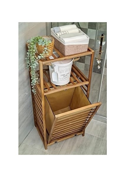 Ceviz Rengi Ahşap Kirli Sepetli Banyo Düzenleyici Raf – CVZ01 indirimleri