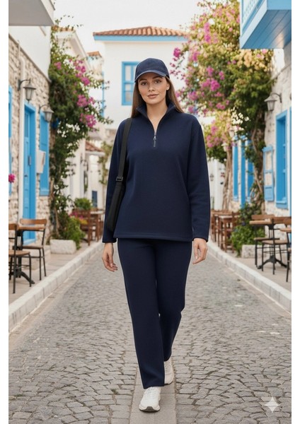Kadın Balıkçı Yaka Fermuar Detay Polar Sweat ve Pantolon Ikili Takım