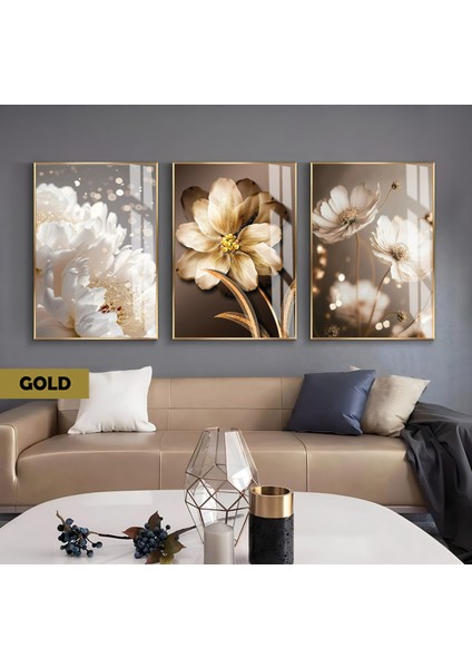 |gold Soft Detaylar Manolya Çiçek Kombini |çerçeveli Cam Tablo 3lü Dikey