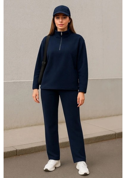 Kadın Balıkçı Yaka Fermuar Detay Polar Sweat ve Pantolon Ikili Takım modelleri