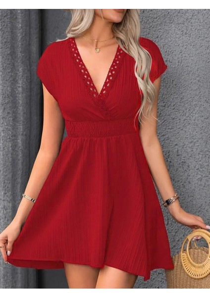 Kadın Kısa Kollu Kruvaze Yakalı Beli Lastikli Bürümcük Elbise L-Xl-Kırmızı