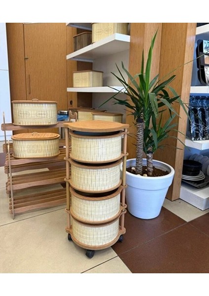 Ahşap Yuvarlak Sebzelik 4 Katlı Yana Açılır Patates Soğan Tekerlekli Sebzelik Krem