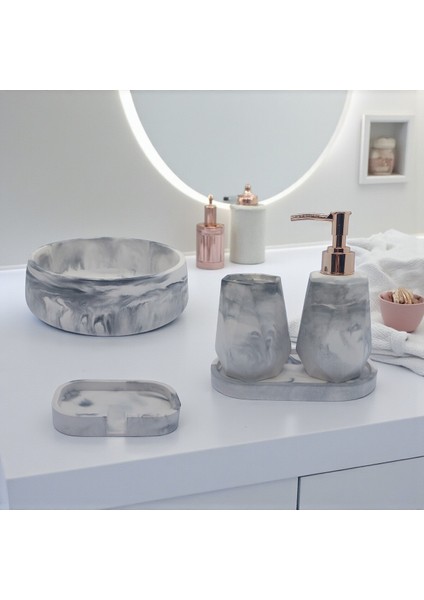 5'li Taş Banyo Seti Sıvı Sabunluk Diş Fırçalık Kase Tepsi Set Beyaz - Gri Mermer Desenli