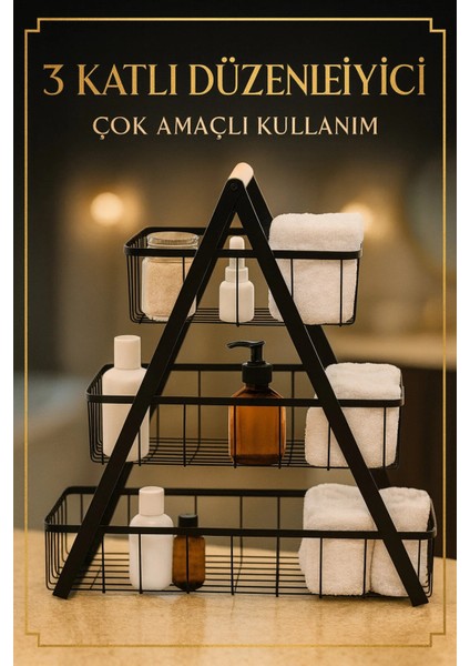 Siyah 3 Katlı Metal Tezgah Üst Banyo Düzenleyici Kozmatik Sepeti Havluluk