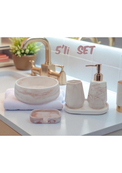 5'li Taş Banyo Seti Sıvı Sabunluk Diş Fırçalık Kase Tepsi Set Beyaz - Kahve Mermer Desenli