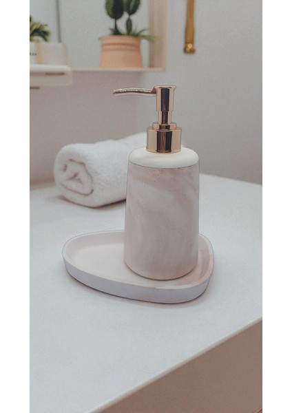 2 Li Taş Banyo Seti Beyaz - Kahverengi Mermer Desenli 2 Li Sabunluk Seti 18 cm