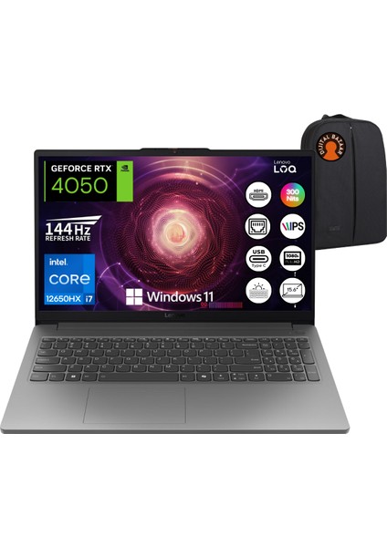 Loq I7-12650HX RTX4050 32GB Ram 512GB SSD 15.6" Fhd IPS 144Hz W11 Taşınabilir Bilgisayar 83LK002VTR