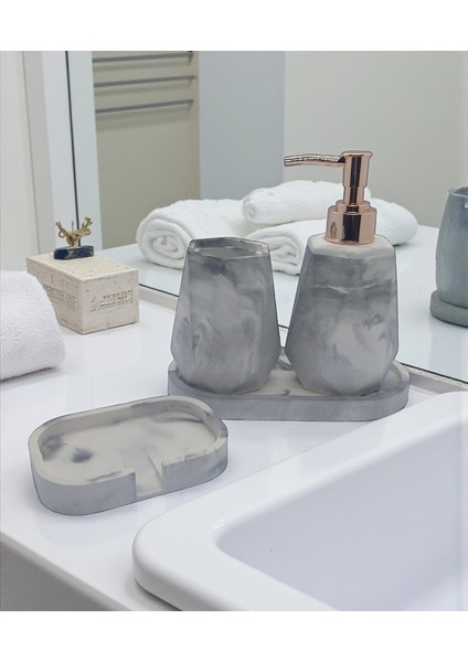 4 Lü Taş Banyo Seti Beyaz - Gri Mermer Desenli 4'lü Sabunluk Seti