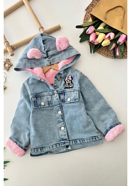 Krm Işleme Çift Renk Kapüşonlu Peluş Kız çocuk mont - Pembe