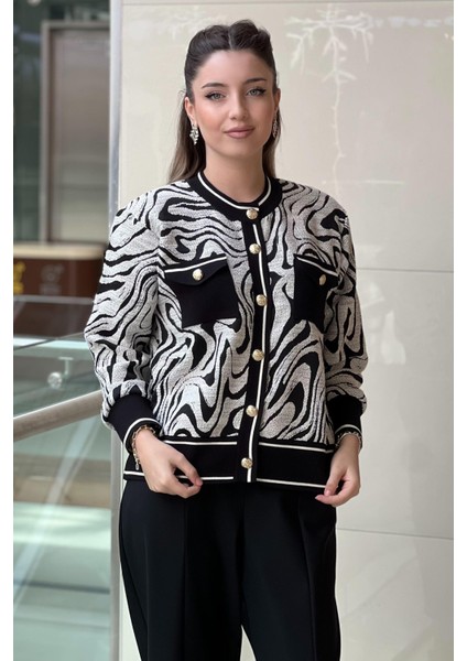 Gold Düğmeli Desenli Triko Hırka 3224