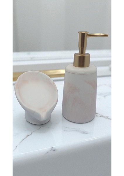 2 Li Taş Banyo Seti Beyaz - Kahverengi Mermer Desenli Aıvı Sabunluk ve Giderli Katı Sabunluk 18 cm