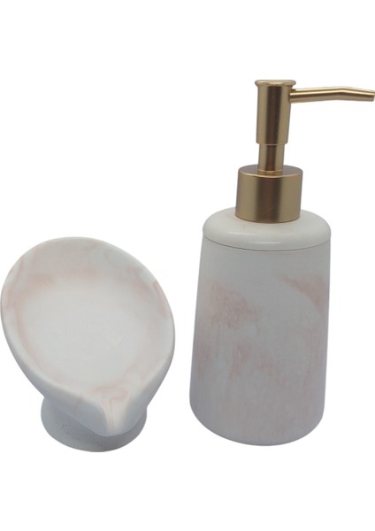 2 Li Taş Banyo Seti Beyaz - Kahverengi Mermer Desenli Aıvı Sabunluk ve Giderli Katı Sabunluk 18 cm modelleri