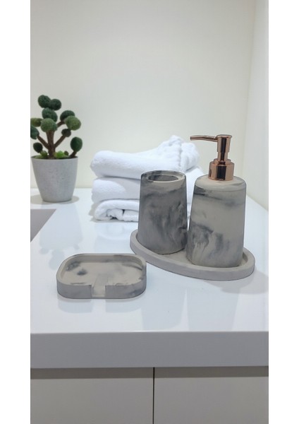 4 Lü Taş Banyo Seti Beyaz - Gri Mermer Desenli 4'lü Sabunluk Seti 18 cm